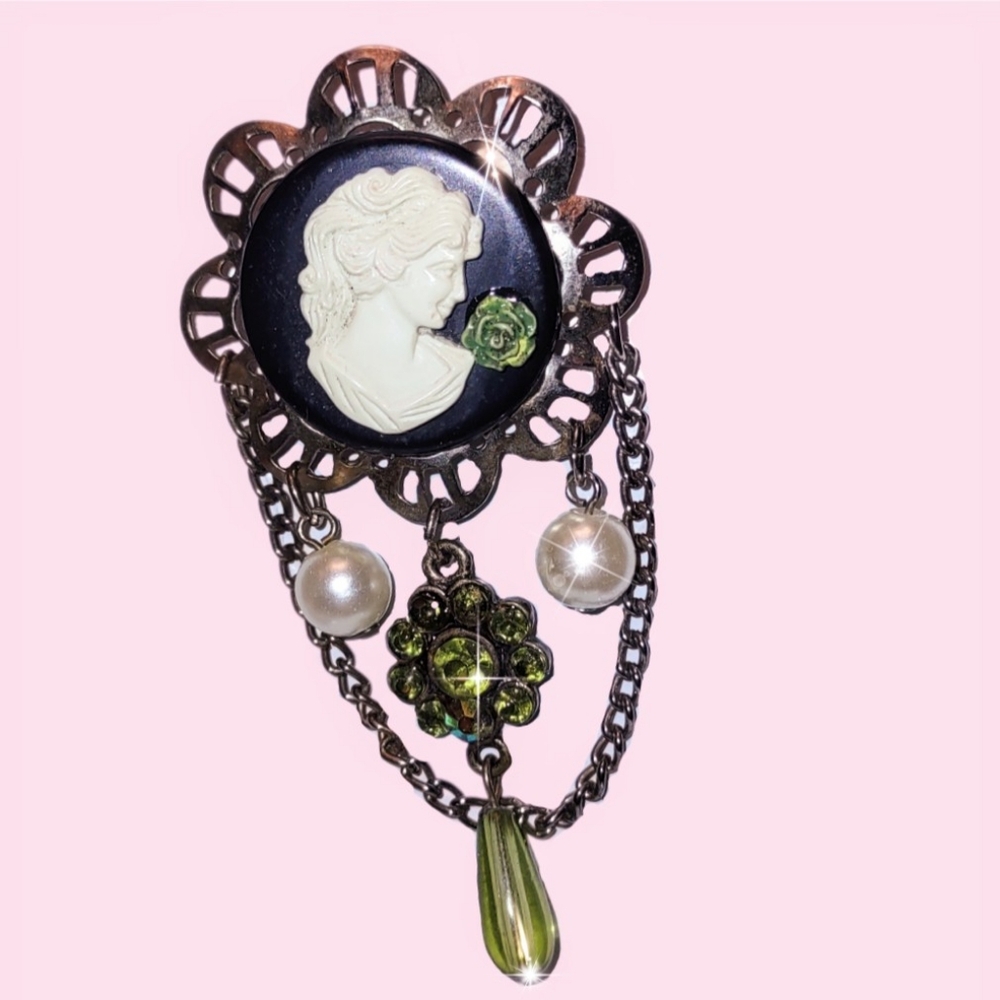 Upcycled Vintage Right-faced Ivory & Black Cameo Brooch w/Drop